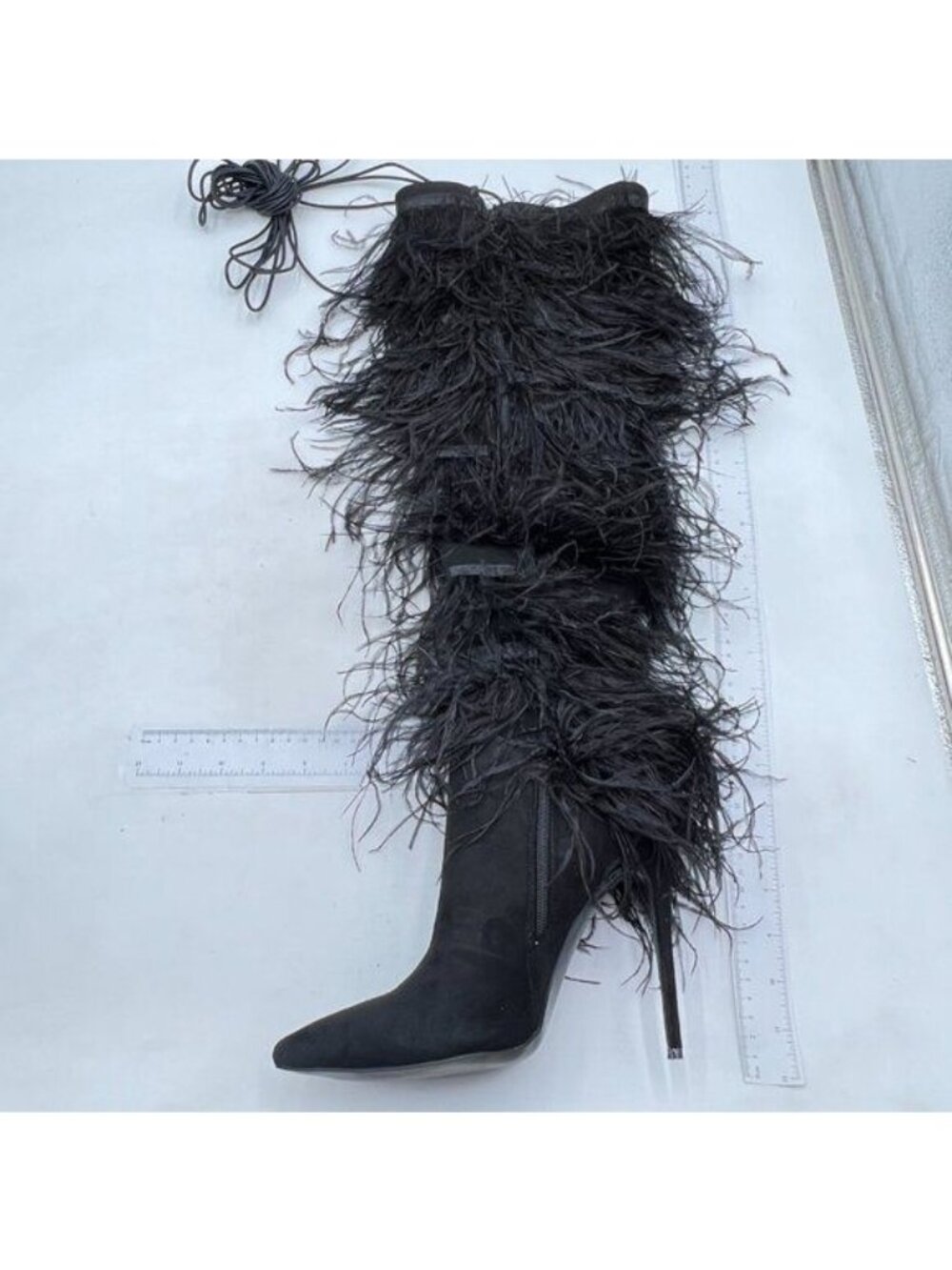 Women's Knee High Boots Female Stiletto Heel Furry Half Boots Pointed Toe Black